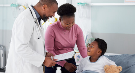 Sticker - Results, doctor or child with mother in hospital bed for good news, report or healthcare insurance. Kid, paper or African pediatrician with prescription or checklist for a happy mom or black woman