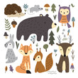 Vector illustration of cute woodland forest animals including deer, rabbit, hedgehog, bear, fox, bird, owl, and squirrel.