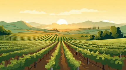 An idyllic vineyard landscape featuring neatly arranged vineyard rows set under a serene sky, creating a tranquil scene of natural beauty