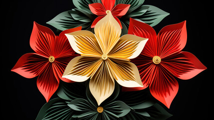 Wall Mural - Red, yellow and green color origami flowers on the black background. generative ai