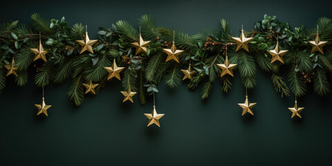 Wall Mural - Green christmas background with fir twigs and golden stars