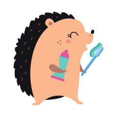 Sticker - Prickly Hedgehog Character Brushing Teeth with Toothbrush as Hygiene Vector Illustration