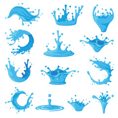 Sticker - Blue Water Splashes as Aqua Motion with Drops Vector Set