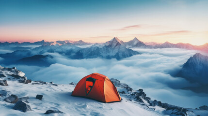 Wall Mural - Orange tent in the snow with mountains and sunset in the background