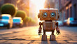 little cute robot smiling at sunset