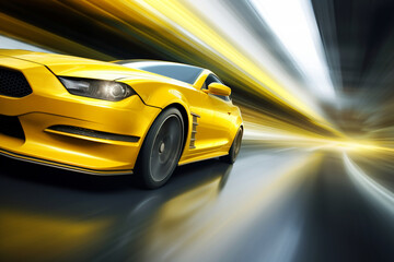 Wall Mural - yellow car at high speed along the highway obscures the speed of movement 3d rendering AI generative  