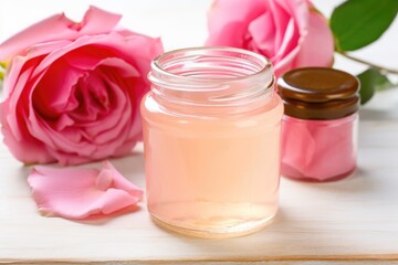 Poster - glass jar of rosewater beside a fresh pink rose