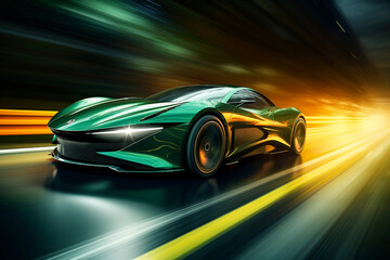 Wall Mural - green car at high speed along the highway obscures the speed of movement 3d rendering AI generative  