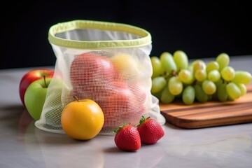 Canvas Print - filled mesh bag with fresh fruit on a table