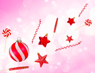 Wall Mural - christmas decorations on a pink background with bokeh. levitation