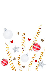 Wall Mural - christmas decoration with gold ribbon and red hearts on white background