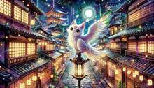A Detailed East Asian Township Under A Starry Sky. A Whimsical White Creature With Luminous Wings Stands Atop A Lantern, Surrounded By Rooftops And Glowing Lanterns.