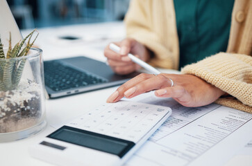 Canvas Print - Calculator, hand and business woman with finance, tax and accountant solution in a office. Desk, profit check and planning with paperwork and money monitoring for financial report and numbers