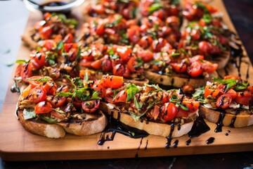 Sticker - multiple tuna bruschetta lined up on a large platter