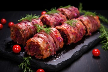 Sticker - red cabbage rolls on black slate