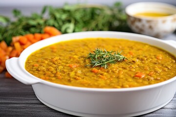 Poster - a white bowl filled with lentil soup, a side view