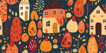 Scandinavian Folk Art, Wallpaper, Traditional Patterns, Village In Autumn