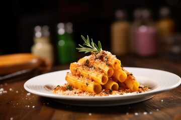 Poster - single piece of cooked rigatoni on table