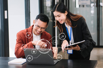 Business team partnership meeting concept. Business hand using laptop, tablet and smartphone  at office. in virtual icon screen