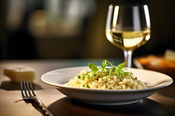 Wall Mural - Risotto rice vegetarian dish with glasses of white wine on restaurant table