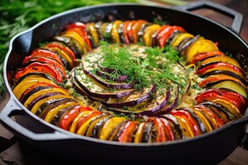 Poster - close-up of a colorful ratatouille in a cast-iron pan