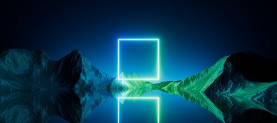 Wall Mural - 3d render, abstract futuristic background. Neon square blank frame glowing in the dark, extraterrestrial landscape. Rocks and water reflection. Modern minimalist wallpaper