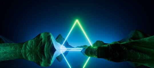 Wall Mural - 3d rendering, abstract minimalist neon background. glowing triangle, blank frame. extraterrestrial l