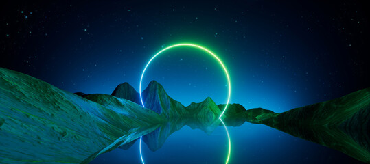 Wall Mural - 3d render, abstract neon background with round arch and extraterrestrial landscape under the starry 