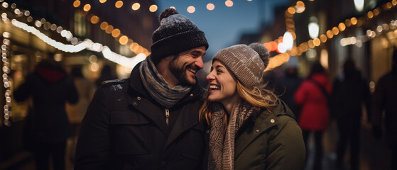 Wall Mural - romantic couple in love at a christmas market