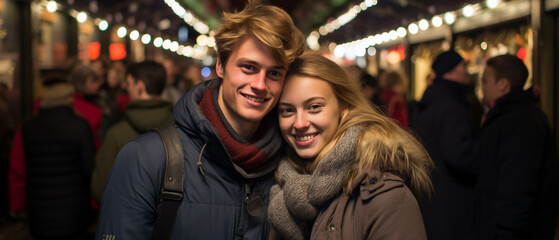 Wall Mural - romantic couple in love at a christmas market