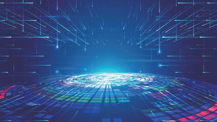 Poster - Square rotating booth with luminous ray network technology spatial background