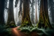 A tranquil, misty forest with ancient, towering sequoia trees, their massive trunks disappearing into the fog.