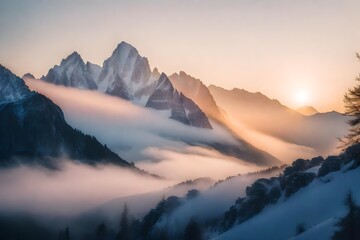 Poster - A Photograph capturing the serene beauty of a secluded mountain peak at sunrise, bathed in soft pastel hues and embraced by mist and tranquility.
