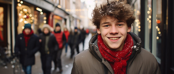 Poster - portrait of brunette white boy at a christmas market in winter