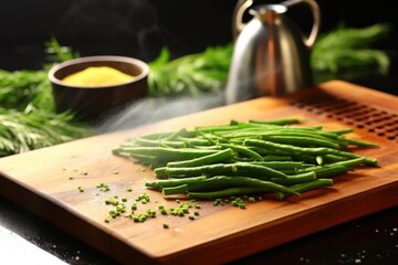 Canvas Print - steaming haricot verts on a wooden chopping board