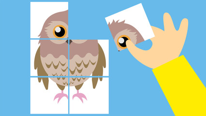 Wall Mural - Illustration of a child's hand assembling an owl puzzle