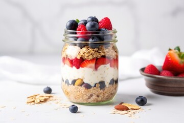glass jar filled with overnight oats, berries, and nuts