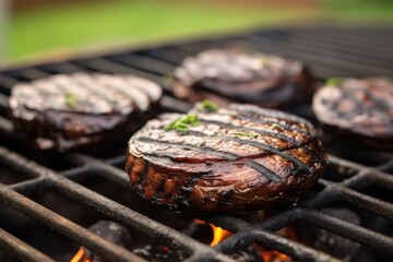 Wall Mural - grilled portobello mushrooms under a closed grill lid