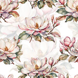 Fototapeta Boho - Seamless pattern with watercolor magnolia flowers on white background. Great for textile, fabric, packaging, wrapping paper.