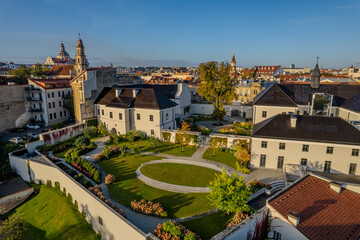 Aerial sunny autumn fall view of Vilnius old town, Vilnius Cathedral, Lithuania