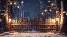 Snowy Wooden Fence With Lights