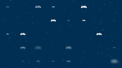 Poster - Template animation of evenly spaced bike symbols of different sizes and opacity. Animation of transparency and size. Seamless looped 4k animation on dark blue background with stars