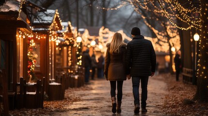 Wall Mural - A couple walking through a christmas winter village