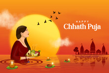 Vector Illustration Of Chhath Puja Traditional Festival Background. Indian Women Doing Prayer Of Sunrise And Bathing In Holy River In Bihar Bengal