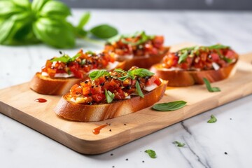 Wall Mural - bruschetta on a marble countertop, sprinkled with basil leaves