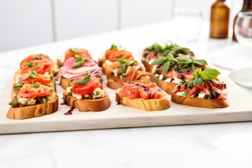 Wall Mural - fresh bruschetta arranged on a white marble board