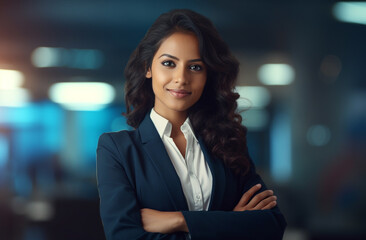 Wall Mural - A self-assured Indian businesswoman, adorned in an elegant suit, graces a contemporary office space with her radiant smile.