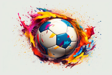 Leinwandbilder - A vibrant image of a soccer ball splashed with colorful paint, capturing the dynamic energy and excitement of the sport.