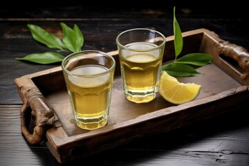 Sticker - rustic wooden tray carrying a single ginger shot