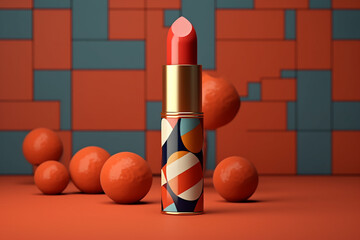 Leinwandbilder - A vibrant and bold designer lipstick in a chic and trendy packaging, featuring a unique geometric pattern and a pop of color. 